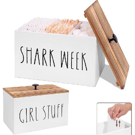 Tampon Holder for Bathroom,Farmhouse Bathroom Organizer,Rustic Wood Bathroom Storage Bin with Lid,Wood Movable Partition Feminine Product Organizer