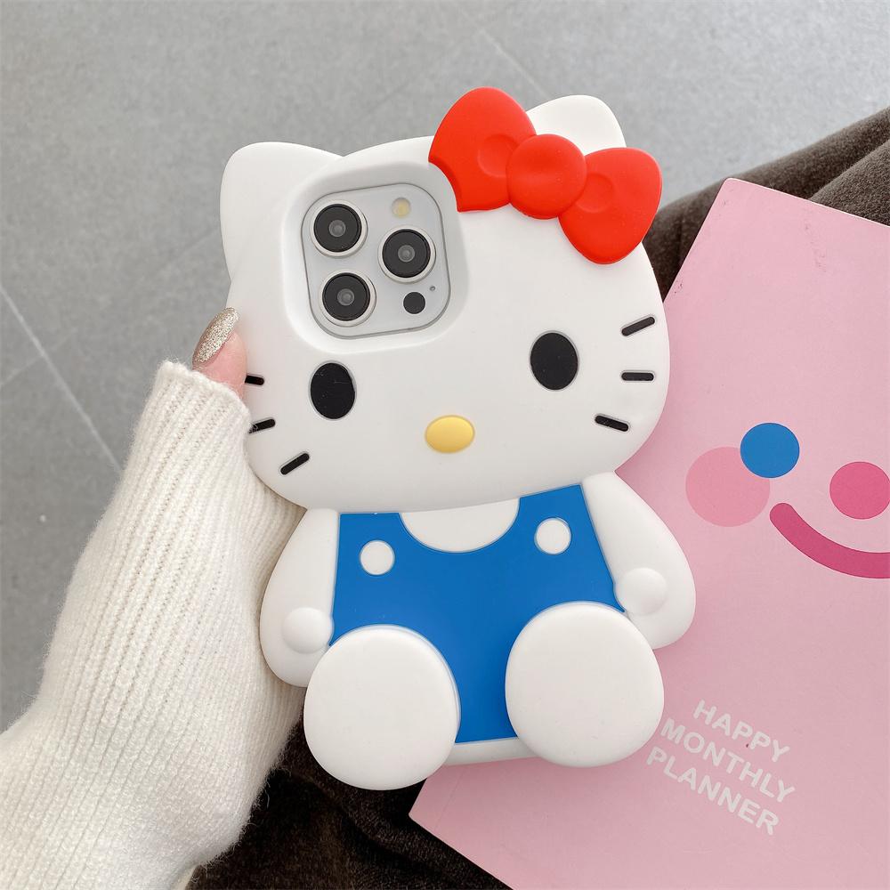 Sanrio Hello Kitty 3D Cartoon Strik Kawaii Houder Hoesje Voor iPhone 11 12 13 14 15 16 Pro Max Plus Mini Y2K Anti Val Siliconen Hoesje For iPhone 14 blauw