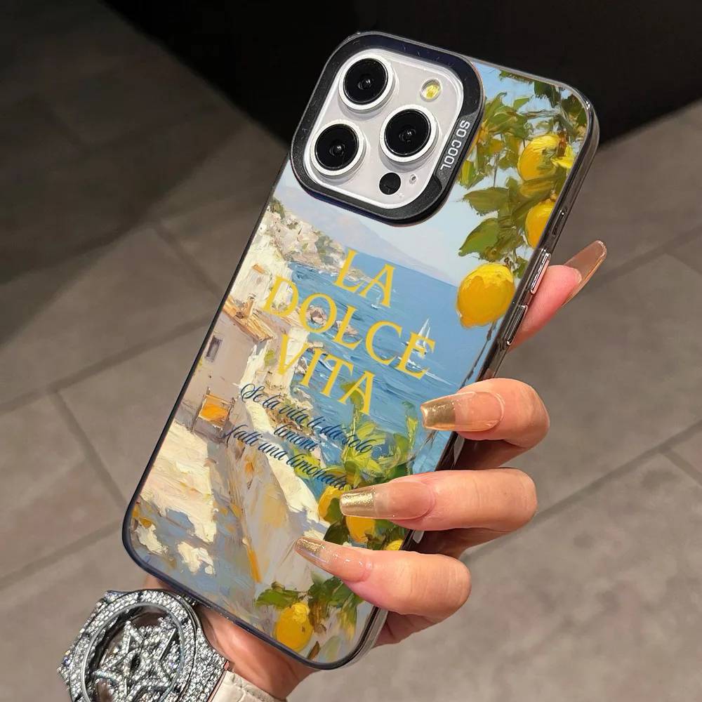 E-European A-Amalfi Coast L-LemonS  Phone Case For iPhone 17,16,15,14,13,12,11Plus,Pro Max,XS,Colored Silver Plated Inside Cover