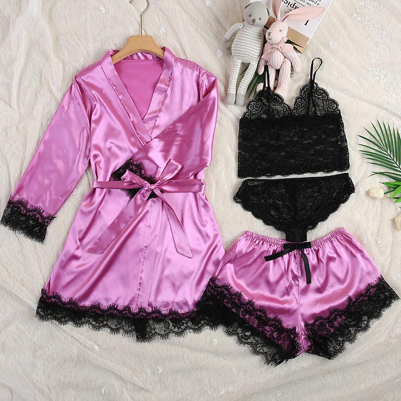 Plus Size Women's 4-Piece Lace Pajama Set: Robe, Shorts, and Camisole In European & American Style