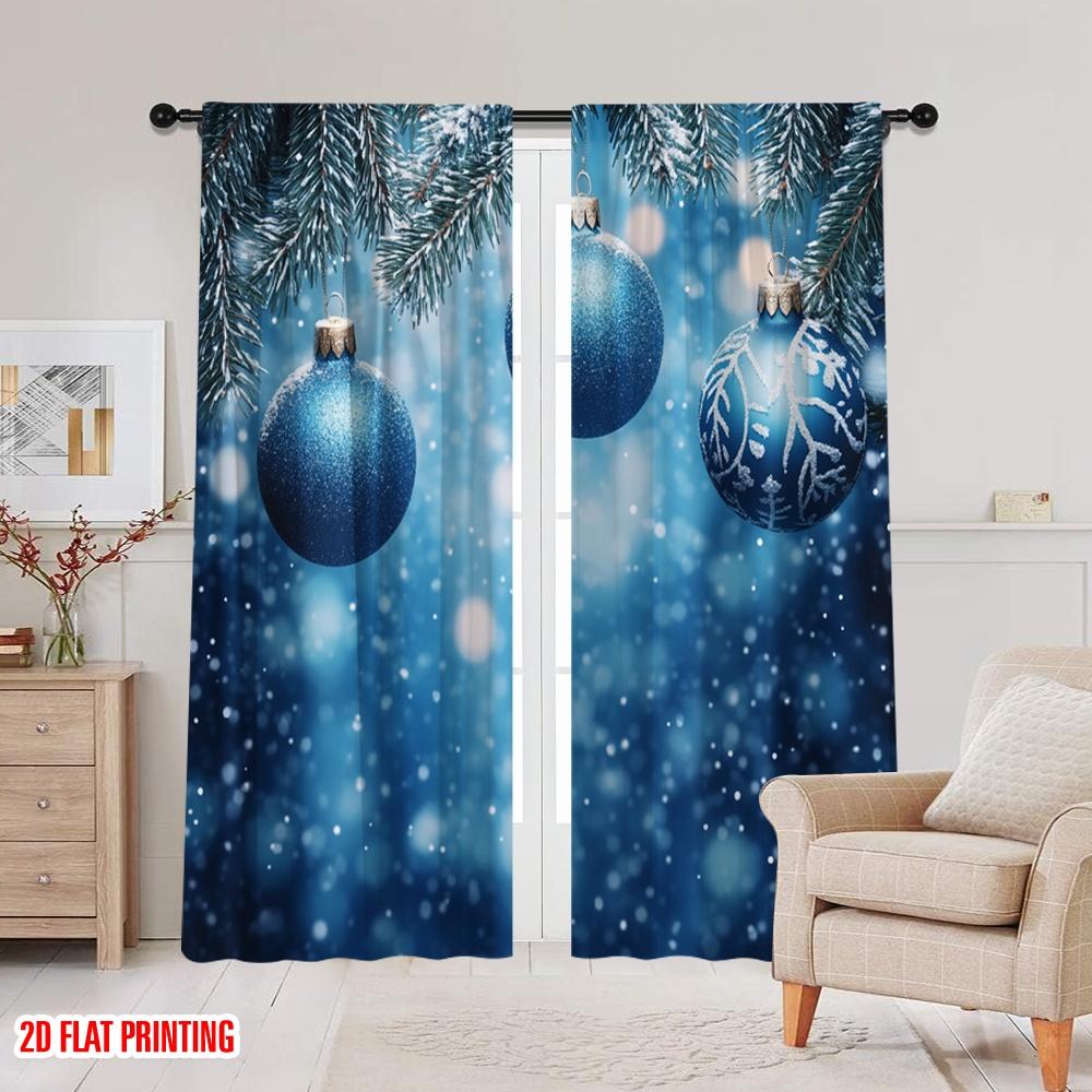 2pcs,2D Plane Printing Curtains&Window Treatment Blue Christmas Ornaments Snow (3) Versatile Polyester Fabric (without Rod) Room