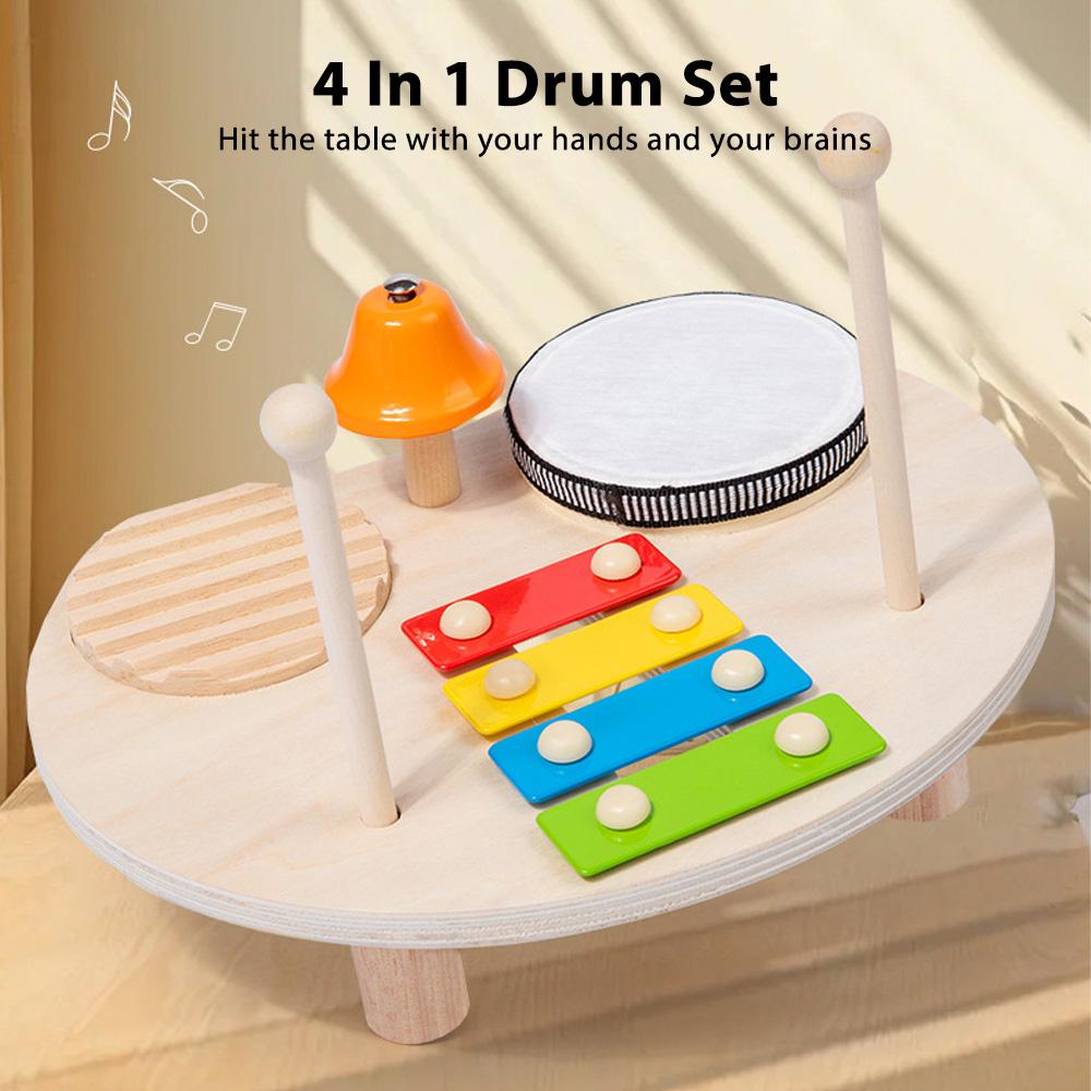 4 In 1 Drum Set Wooden Music Percussion Instrument Multifunctional Music Knocking Table Xylophone Scraper Bell Drum