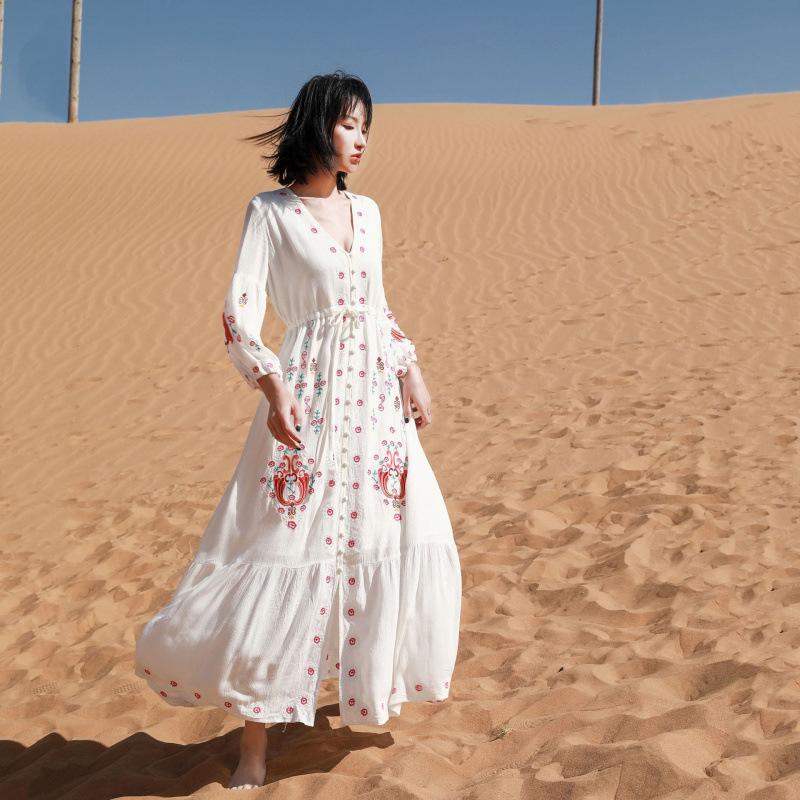 2025 Kwiecista Vintage Haftowana Sukienka Letnia Plażowa z Frędzlami dla Kobiet