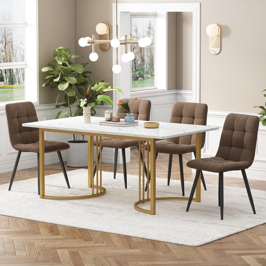 Dining Set (5-Piece), Dining Table with 4 Chairs Set, 140×80cm Kitchen Table with Golden Metal Legs, MDF Tabletop In White, Brown Velvet Dining Chairs