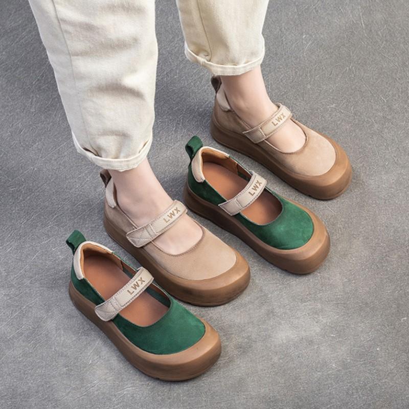 Johnature Casual Thick Soled Shoes Round Toe Genuine Leather Comfortable Women's Flat Platform Shoes