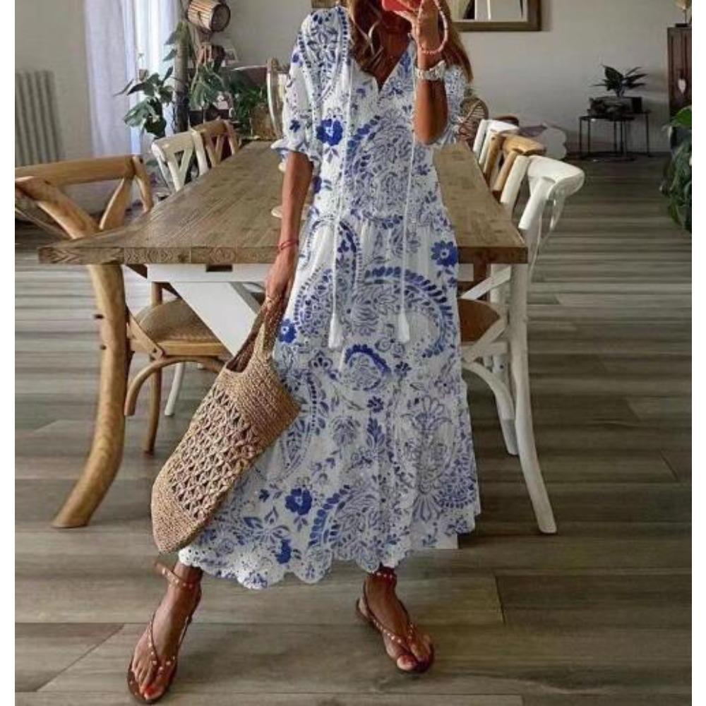 Women's V Neck Floral Print Short Sleeve Tassel Tie Loose Fit Maxi A-Line Dress