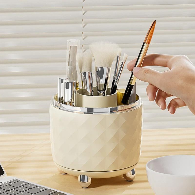 360 Degree Rotating Makeup Brush Holder Large Capacity Diamond Pattern For Vanity Desk Bathroom Cosmetics Storage