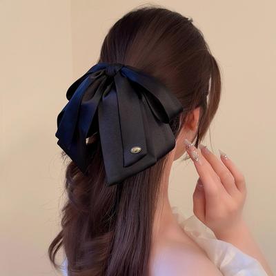 Luxury Satin Black Bow Ponytail Claw Clip with Gold Label for Elegant Updo