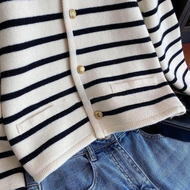 Casual Striped Small Fragrance Knitted Cardigan Women's Autumn Outer Wear Short Sweater