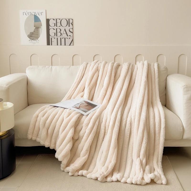 Faux Kaninchen Samt Uni Decke Nordisch Gestreift Nickerchen Flanelldecken Verdickt Warm Multifunktional Überwurfdecke