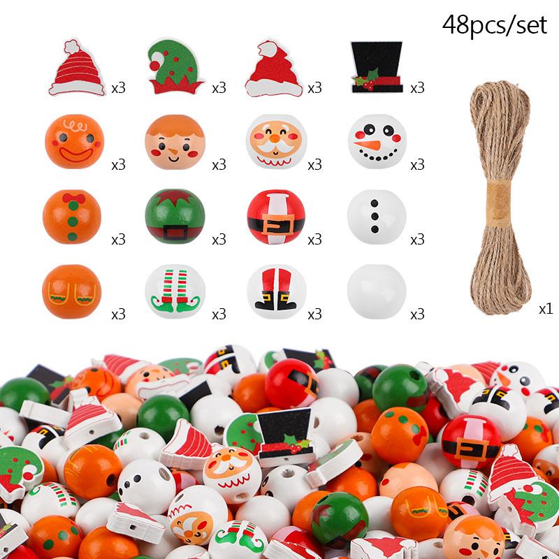 48/80Pcs Christmas Wooden Beads Santa Claus Gingerbread Man Elf DIY Garland Bracelets Xmas Tree Hanging Ornament Home Decoration