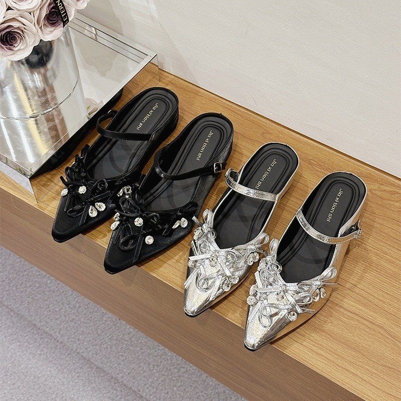 2025 early spring new French heightening pointed bag slippers women's shoes summer 2025 new bow rhinestones