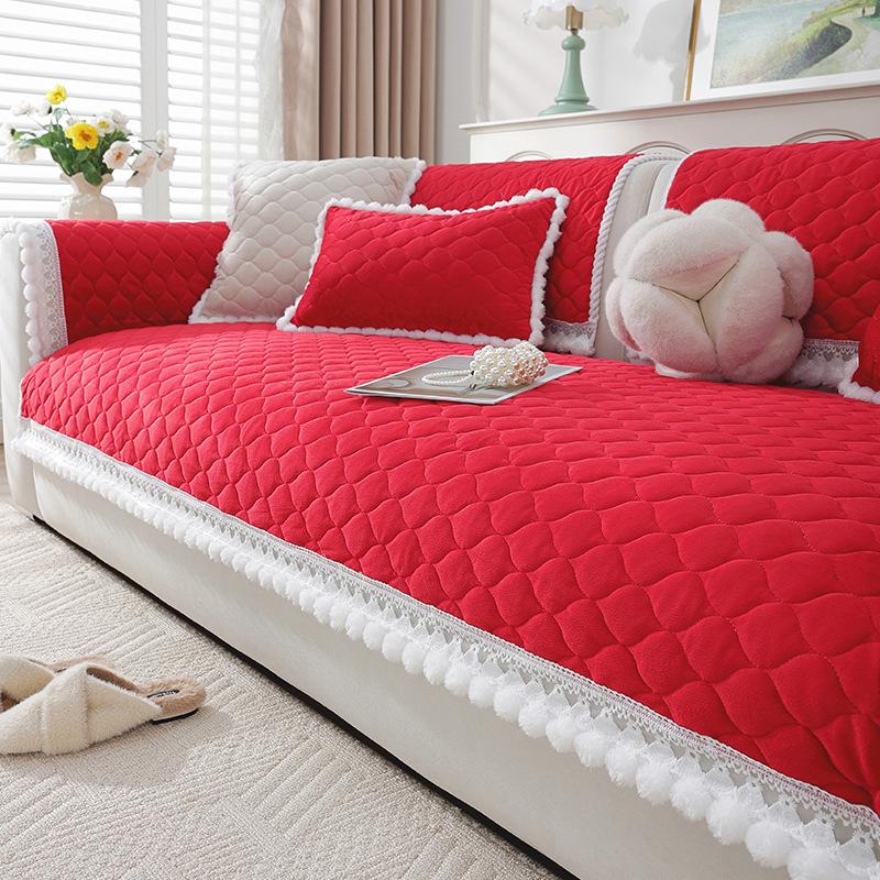 Cream Wind Crystal Fleece Sofa Cushion  Winter New Thickened Plush Seat Cushion Living Room Non-Slip Sofa Cover