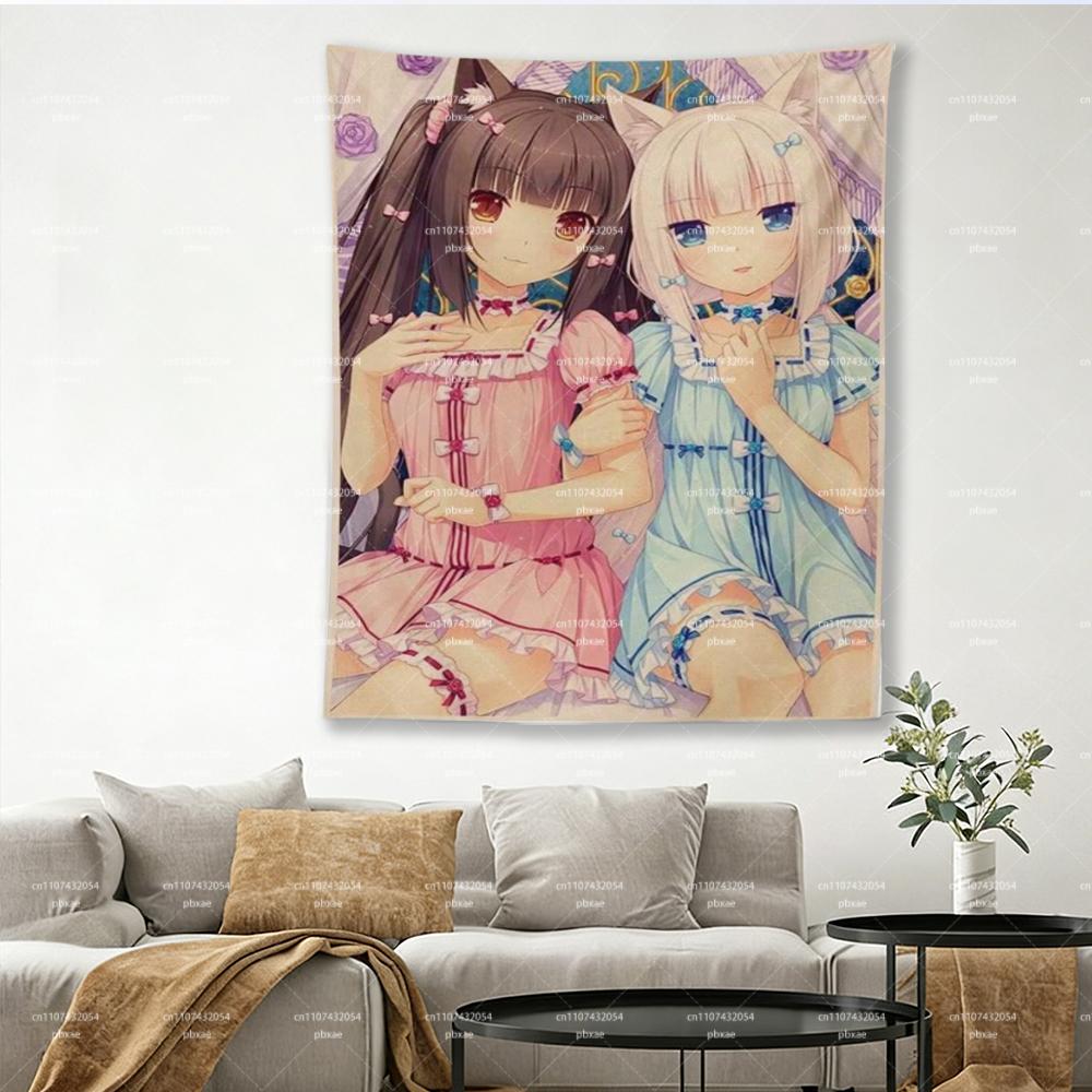 Nekopara Chocola Vanilla Tapestry Cute Neko Girls Anime Wall Hanging Kawaii Cat Girl Bedroom Dorm Decor for Fans