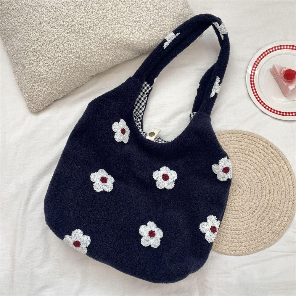 Cusual Embroidery Flower Tote Bag Large Capacity Fluffy Shoulder Bag Plush Underarm Bag Travel