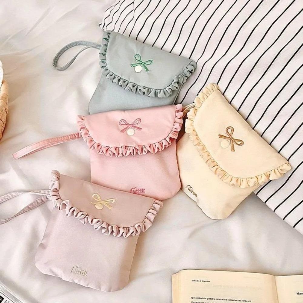 Portable Bow Embroidery Mini Storage Bag Multifunctional Solid Color Sanitary Napkins Bag Wallet Pouch Outdoor
