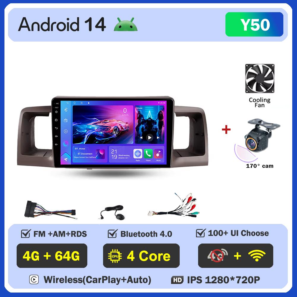 Android 14 For Toyota Corolla E130 E120 2000-2004 Car Multimedia Video Player Carplay Screen Intelligent Systems GPS Navigation