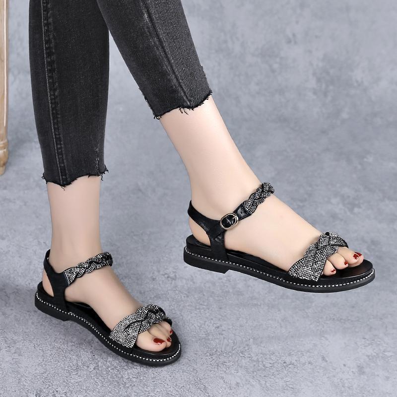 2025 New Summer Flat-soled Sandals Women's Soft-soled Women's Shoes with Rhinestones Summer Versatile Shoes Low-heeled Mother Shoes