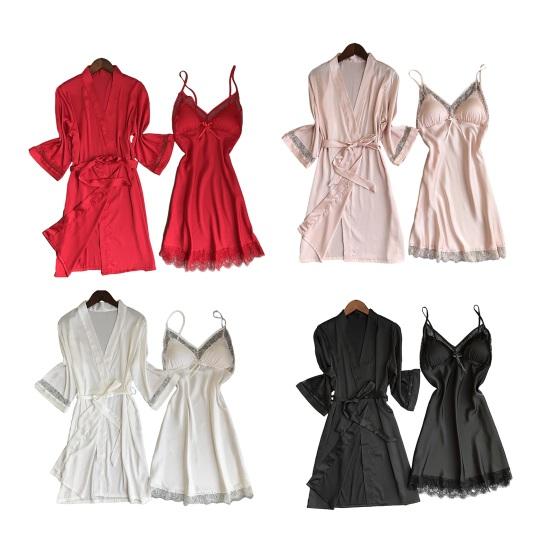 Set Pigiama e Vestaglia da Notte per Donna con Bordi in Pizzo Mini Abito da Notte e Vestaglia a 3/4 Set Pigiama 2 Pezzi Camicia da Notte Sexy Biancheria da Notte per Sposa