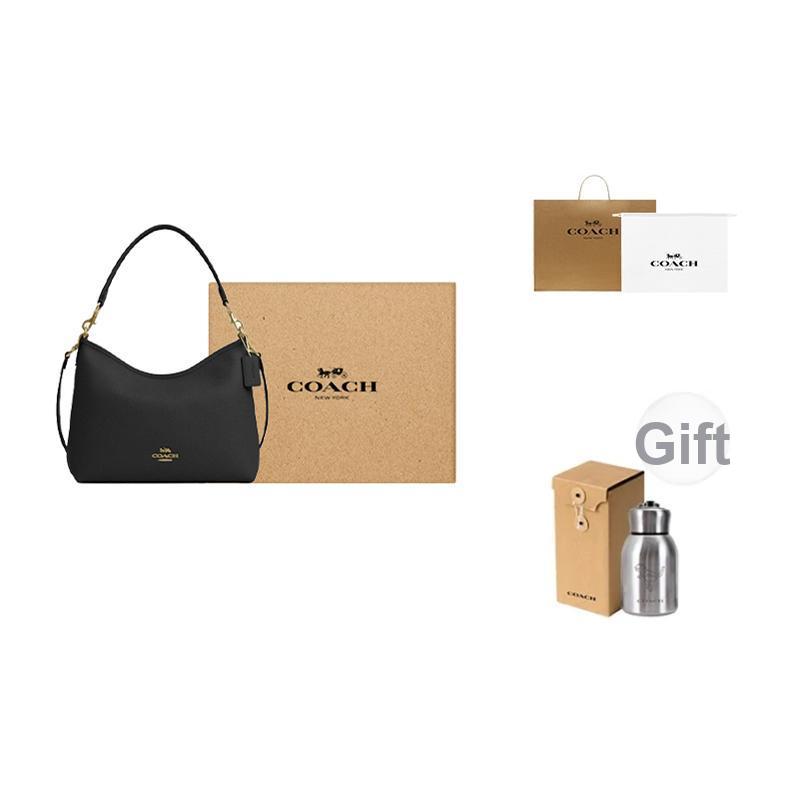 Coach Laurel 31 Logo Reißverschluss Kieselsteinleder Tragetasche Crossbody Umhängetasche Große Damen Taschen Gold Schwarz CR148-IMBLK