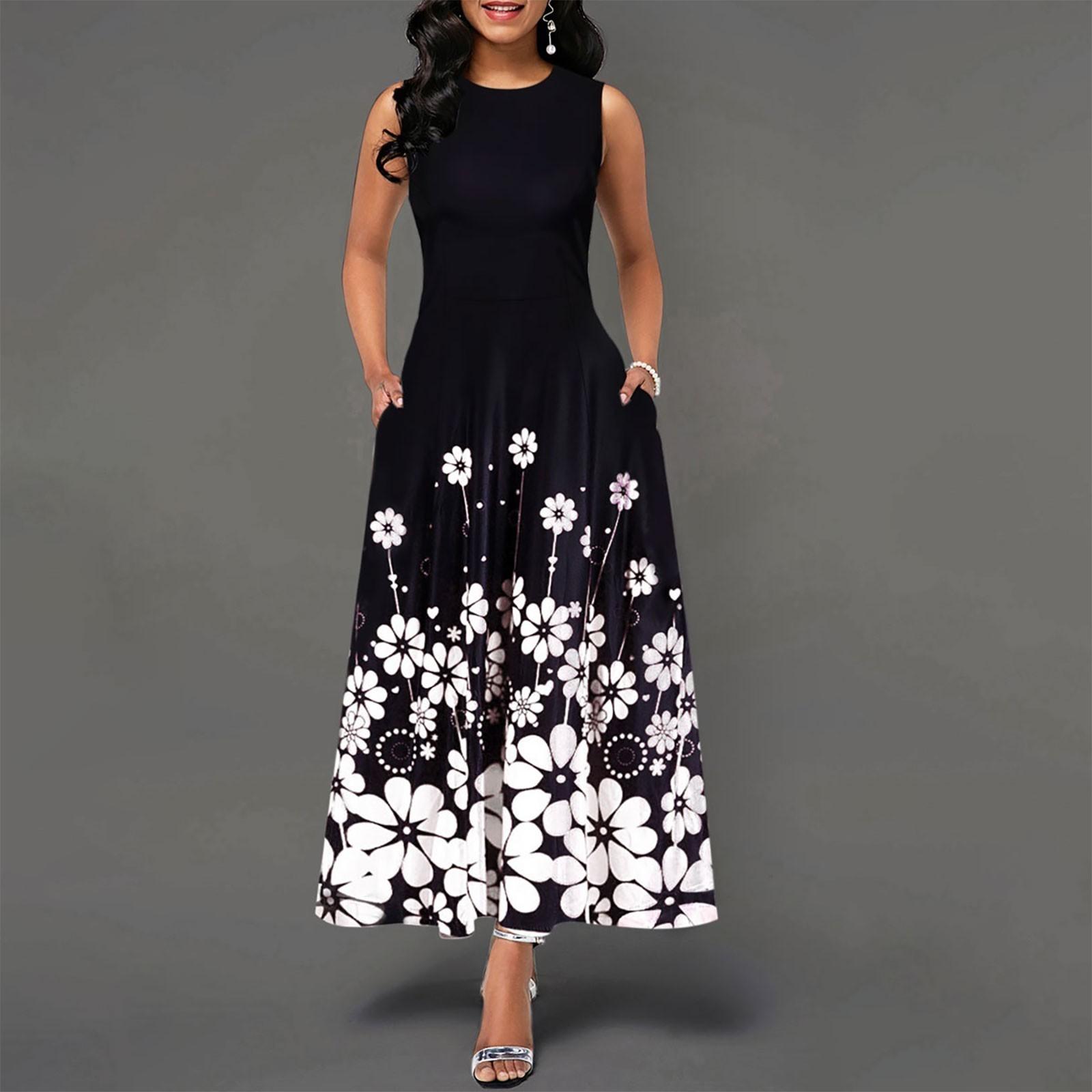 Women´s Boho Floral Vintage Maxi Dress Evening Party Beach Tunic Sleeveless Dress L чёрный