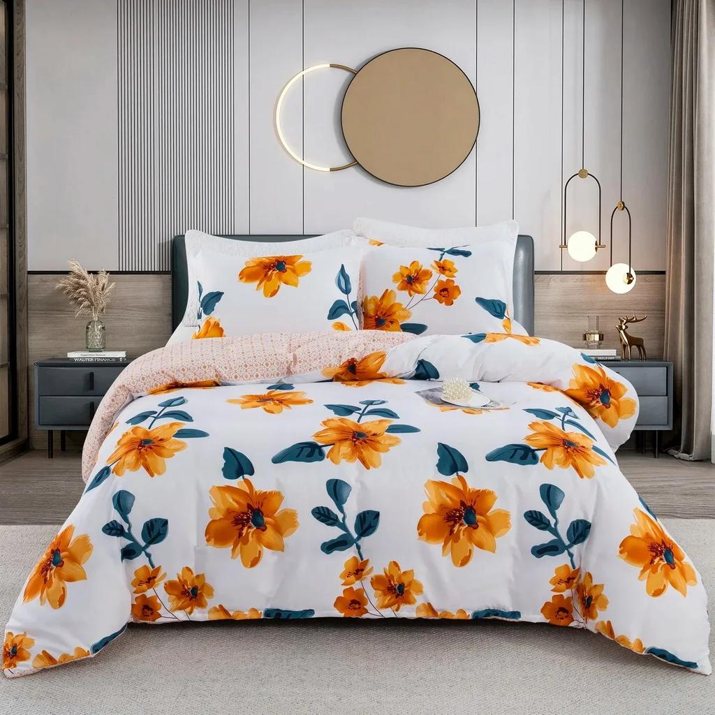 Floral Duvet Cover Flower Duvet Cover 3 Pieces Set 1 Orange Botanical Duvet Cover 2 Pillowcases Soft Blossom Plant Print Bedding