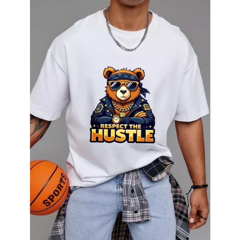 Crewneck T Shirt White Bear with Sunglasses and Bandana Respect The Hustle Graphic Print Streetwear Casual Wear