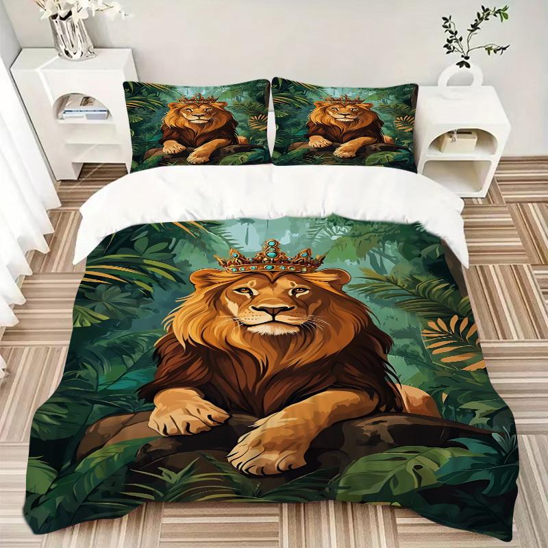 3pcs Royal Lion Crown Bedding Set - 1 Duvet Cover + 2 Pillowcases(Core Not Included), Machine Washable Polyester Yy251216168