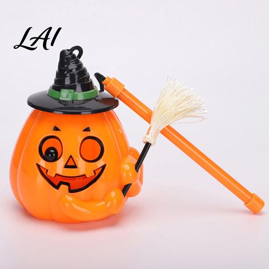 Trick or Treat Lamp Glowing Halloween Pumpkin Lantern Jack O Lantern with Witch Hat Broom Light Funny Up Decor Prop for Kids Party Decor