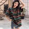 Rainbow Stripe Slimming T-shirt for Women Summer Slightly Fat Loose Shoulder Top
