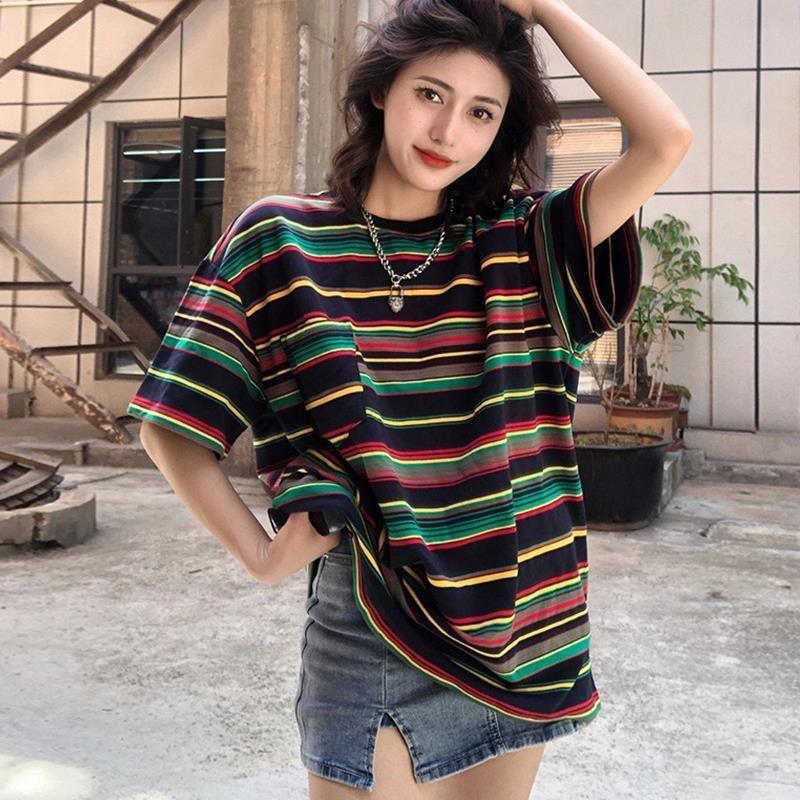 Rainbow Stripe Slimming T-shirt for Women Summer Slightly Fat Loose Shoulder Top
