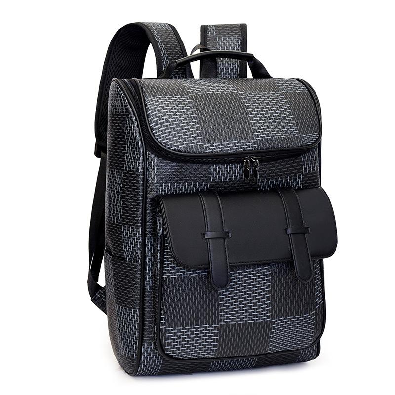 Schoolbag Backpack Men's Business Casual Large Capacity Backpack PU Plaid Casual Commuter Versatile Laptop Backpack