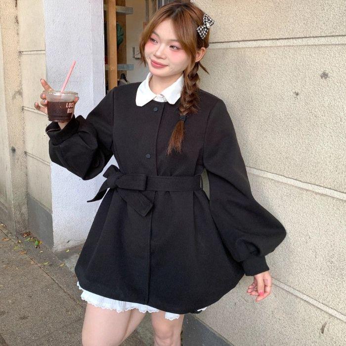 

French Style Lace-Up Lantern Sleeve Woolen Dress Coat for Women XL чёрный