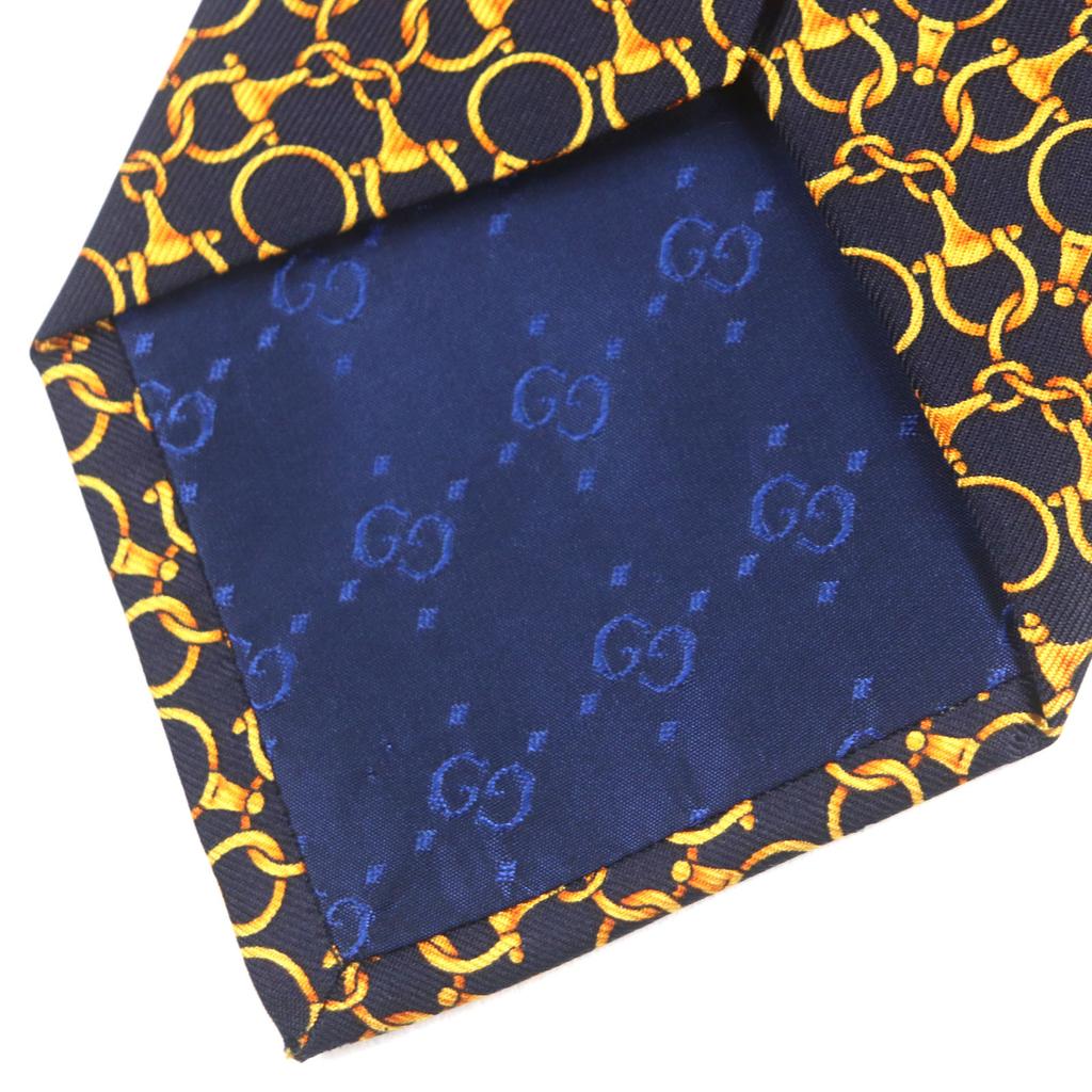 Pristine GUCCI tie Cravate Bit Pattern All-over Pattern Navy gold silk mens Used
