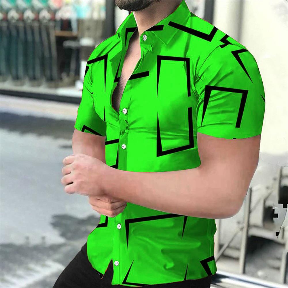 Men's Geometric Line Printed Shirt, Summer Casual Fashion, Lapel Button,Comfortable Fabric, Short Sleeve Shirt, 2024