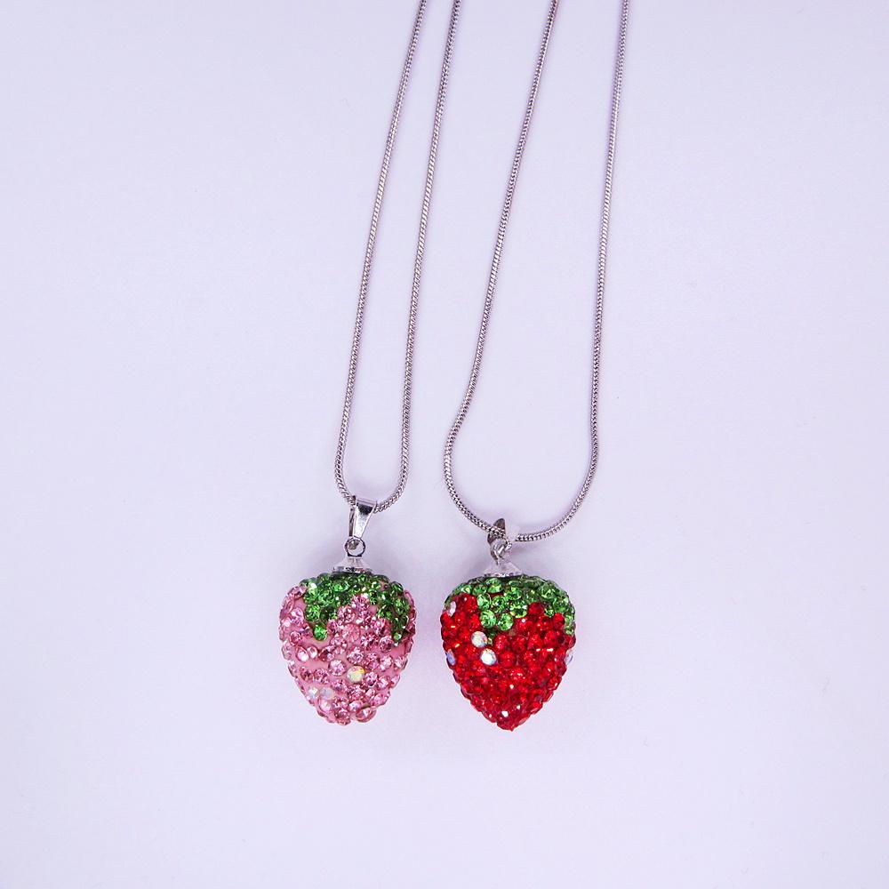 Women Spring Summer Lovely 16*18MM Pink&Red Color High Quality Rhinestone Strawberry Charm Pendant Chain Necklace Gift For Girl