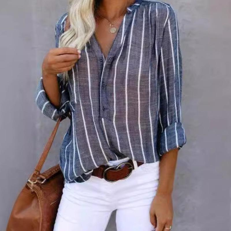 Semplice ed elegante camicia a righe stampata da donna a maniche lunghe taglie forti casual camicetta da donna vintage con bottoni e colletto rovesciato camicette da donna top 24661
