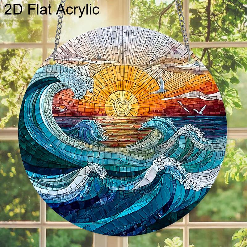 Acrylic Ocean Wave Sunset Suncatcher Stained Glass Effect Window Hanging Ornament Beach Lover Gifts