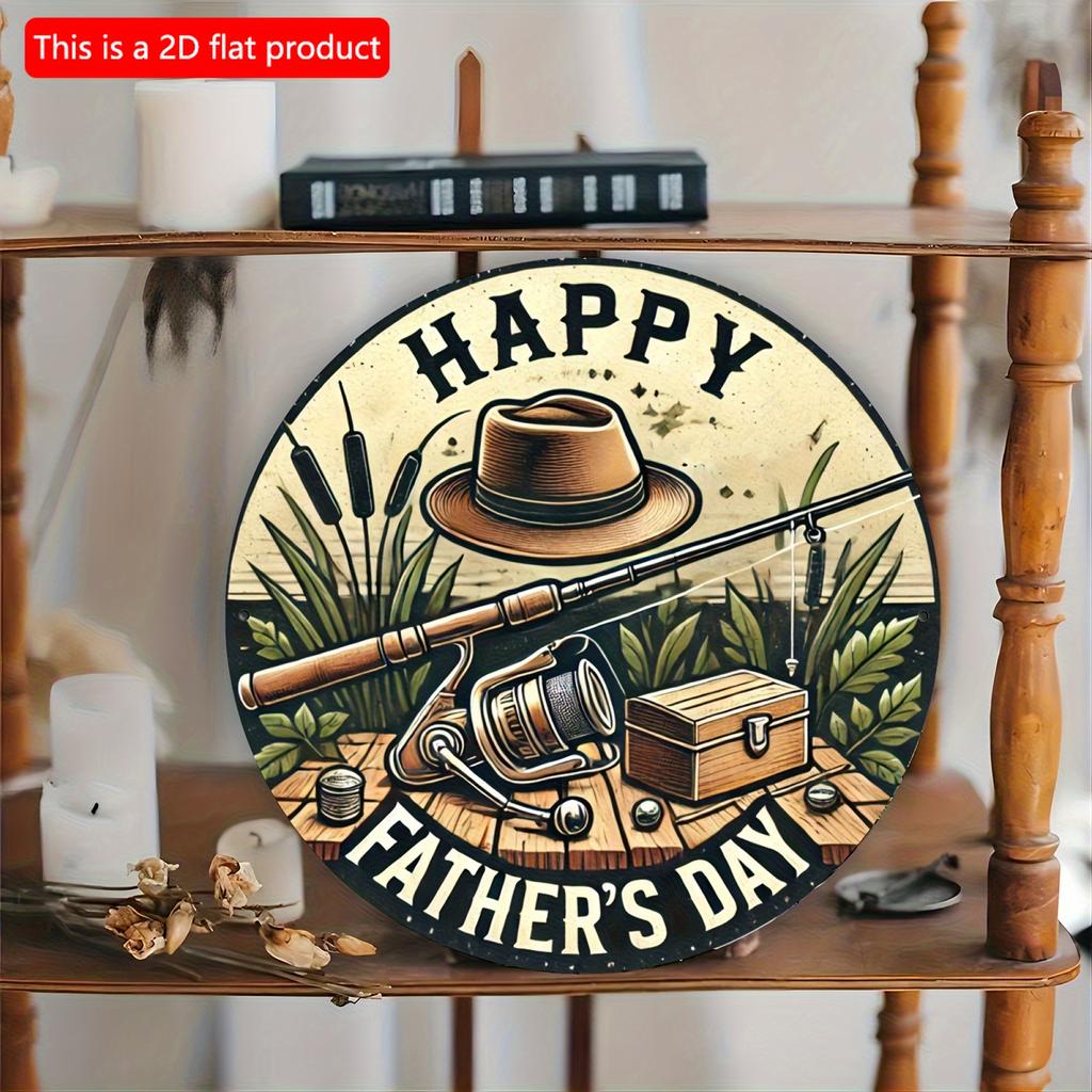 2d Flat 20*20cm, "Happy Father's Day" Round Wooden Logo Wall Art, Retro Fishing Design, Perfect Gift for Fathers on Father's Day, Decor Easy Hanging.