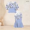 Women Plus Size Two Piece Set Round Neck Batwing Sleeve Ruffle Hem Top Black Gold Printed Fishtail Skirt
