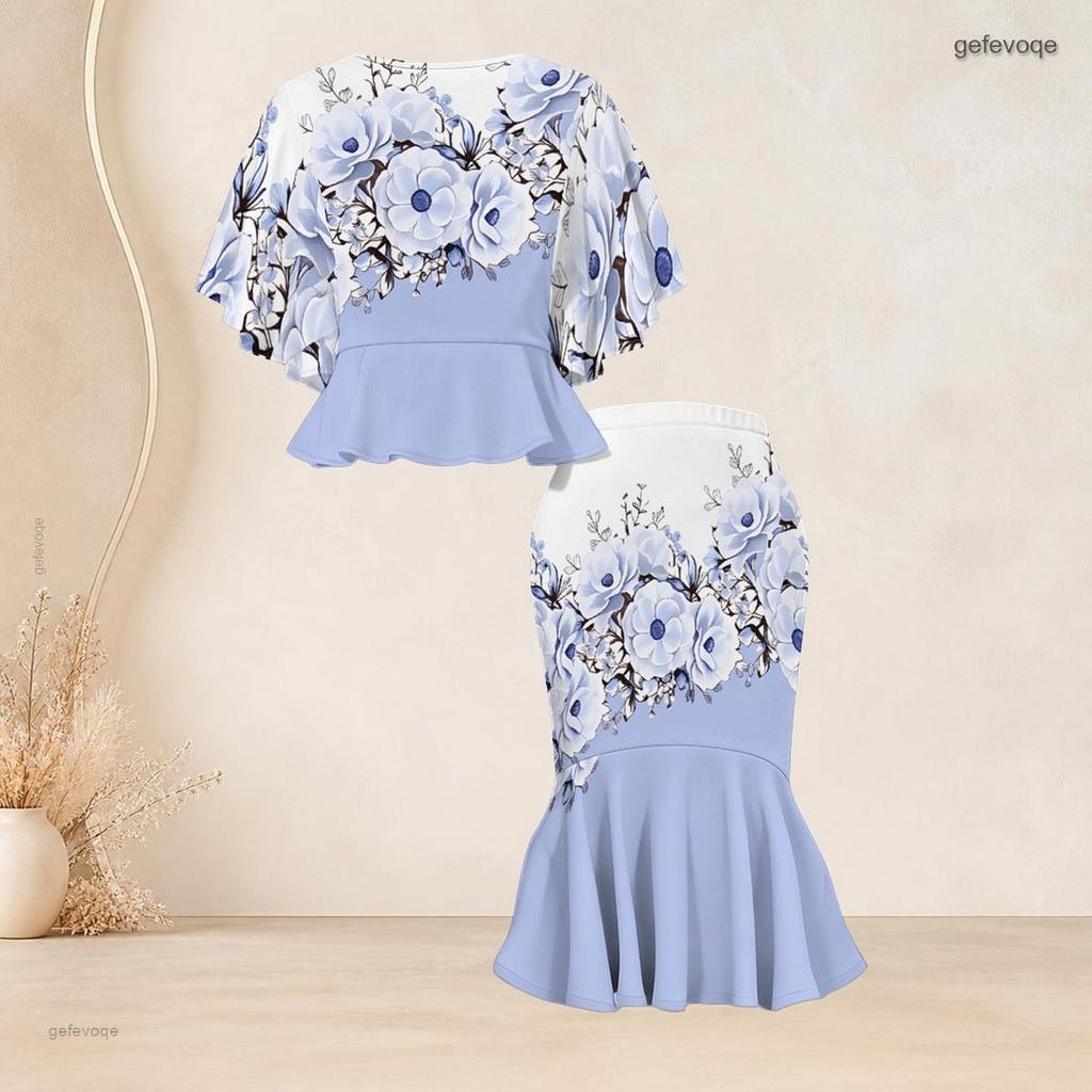 Women Plus Size Two Piece Set Round Neck Batwing Sleeve Ruffle Hem Top Black Gold Printed Fishtail Skirt