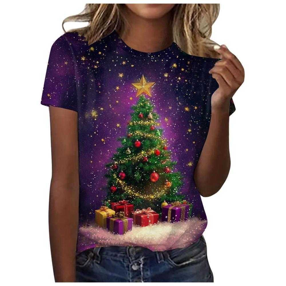Short sleeved T-shirt for women with Christmas tree print round neck