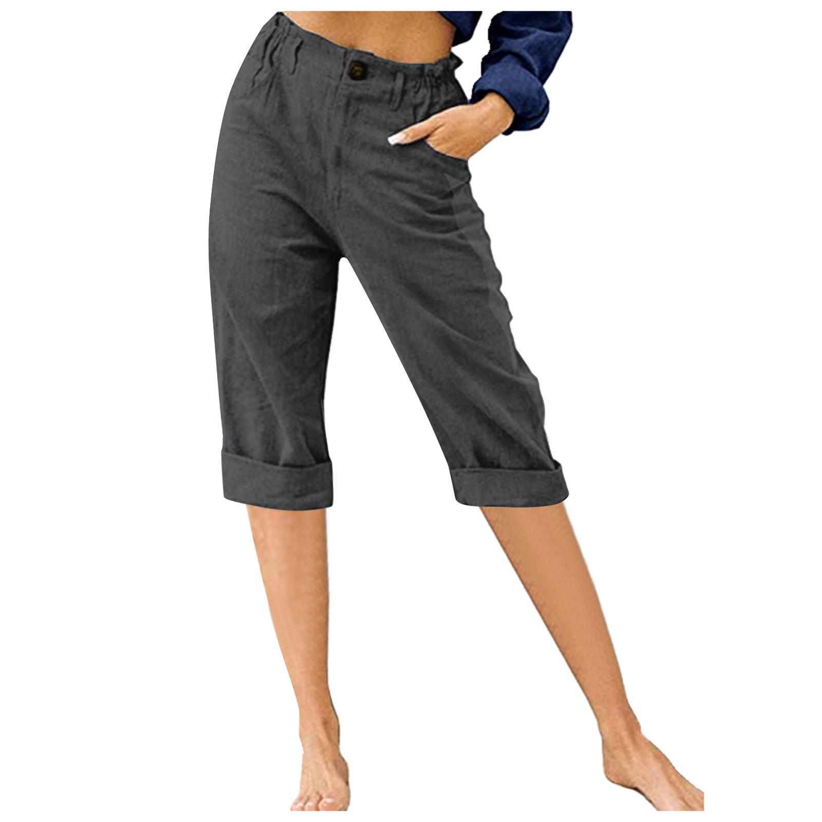 Summer European & American Women s Cotton Linen Loose Mid-Waist Three-Quarter Pants 2XL темно-серого