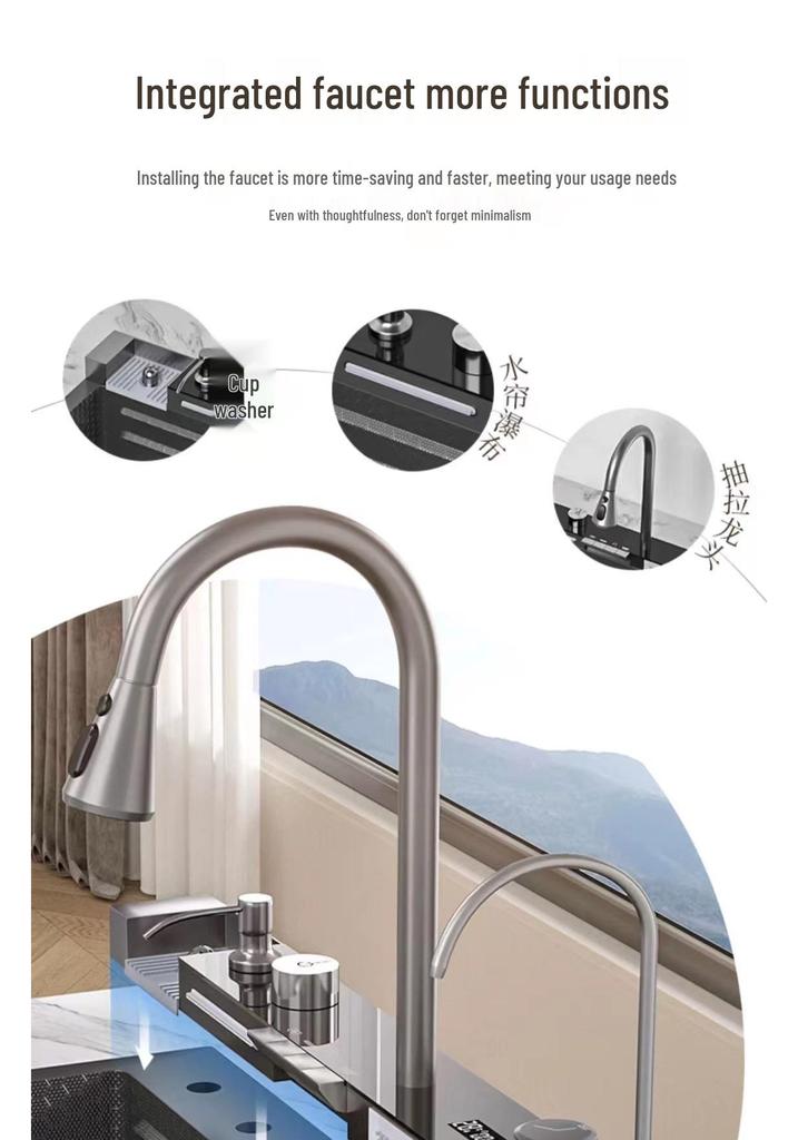 Large Single Bowl Kitchen Sink: 304 Stainless Steel Digital Display with Nano Honeycomb & Waterfall Features