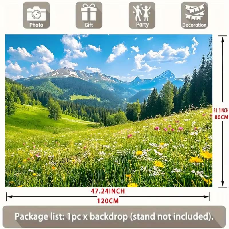Vibrant Flower Field Backdrop Sunny Alps Mountain Meadow Party Background Banner 47.2x31.5inch/120*80cm