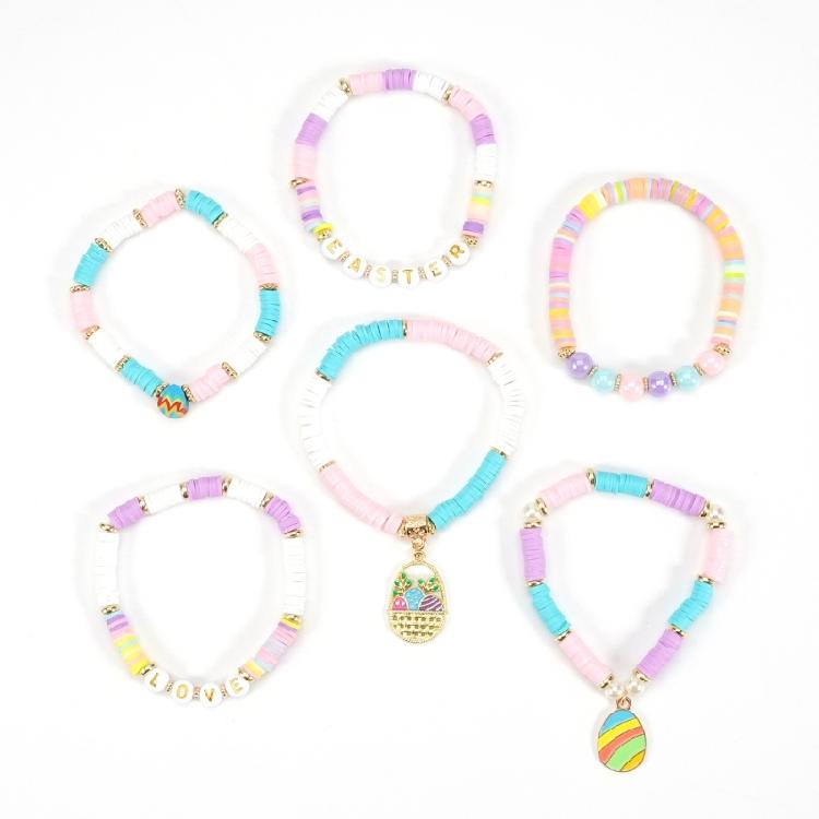 Easter Theme Polymer Clay Bead Bracelet Set of 6 Unique Designs Ornament for Holiday Celebrations and Daily Wear