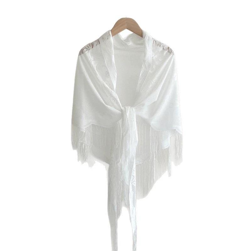 Solid Color Tassel Lace Wave Edge Triangle Shawl For Women