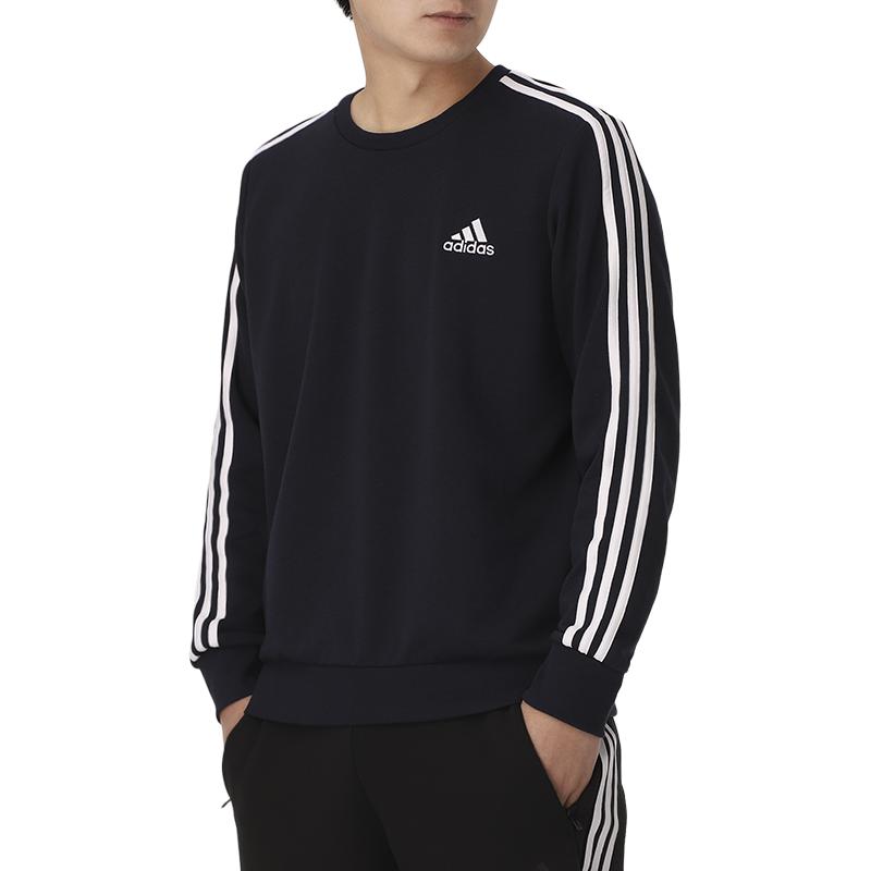 Adidas Solid Color Logo Print Three-Stripe Crewneck Sweatshirt Men Tops Navy GK9079