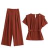 Royal Sister Fan Fashion Suit Women's  New Design Short-sleeved Shirt Drape Wide-leg Pants Two-piece Set Trendy