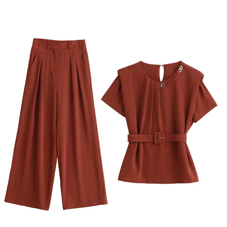Royal Sister Fan Fashion Suit Women's  New Design Short-sleeved Shirt Drape Wide-leg Pants Two-piece Set Trendy